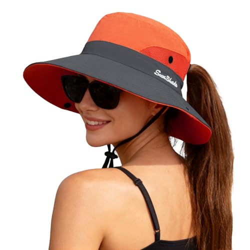 ZOORON Women's Ponytail Safari Sun Hat,Wide Brim UV Protection Bucket Hat - color: 1-orange