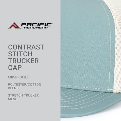 Pacific Headwear Contrast Stitch Trucker Pacflex Snapback Cap - color: Smoke Blue/Beige/Smoke Blue