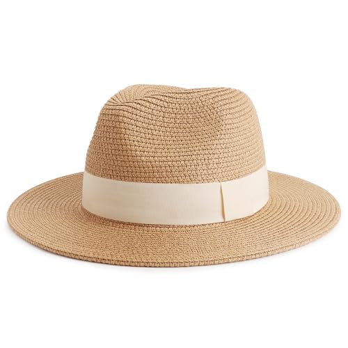 DRESHOW Women Straw Panama Hat Travel Fedora Beach Sun Hat Summer Wide Brim Straw Roll up Hats UPF 50+ - color: Fedora a Khaki (Beige Hatband)