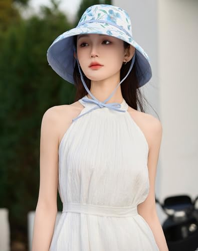 HUAMULAN Women Wide Brim Reversible Sun Hat Summer Beach Fishing Bucket - color: Lightblue Floral