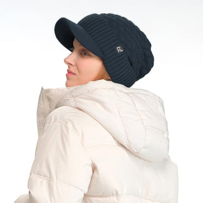 C.C Fuzzy Fleece Lined Warm Oversized Chunky Soft Stretchy Oversized Two Way Ribbed Slouchy Knit Hat with Visor Brim - color: Teal Grey