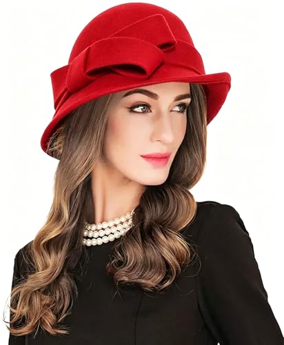 Z&X Women Winter Wool Felt Cloche Bucket Hat 1920s Vintage Gatsby Hat Elegant Bow Church Wedding Hat - color: 026 Red