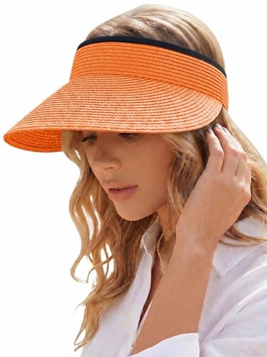 Sun Visor Hat for Women Summer Beach Vacation Essential Ponytail Friendly Travel Foldable Packable UPF 50+ - color: Orange