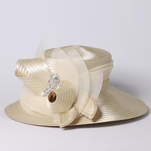 Wedding Bridal Church Party Derby Hats for Women Bow Formal Bowler Hat Wide Brim Fascinator Flat Top Fedora Hats - color: Champagne