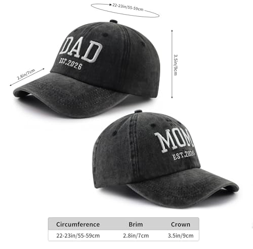 2PCS Mom and Dad EST 2027 2026 Hats for Women Men, New Parents Baseball Cap - color: Black