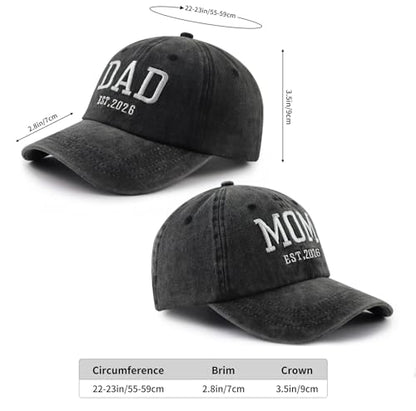2PCS Mom and Dad EST 2027 2026 Hats for Women Men, New Parents Baseball Cap - color: Black