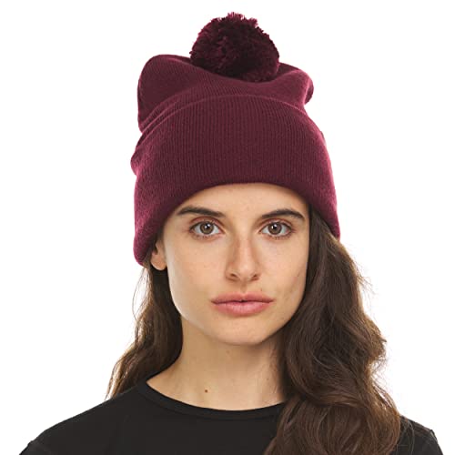 100% Merino Wool - Midweight Cuff Pom Beanie - Winter Pom Pom Hat - color: Burgundy