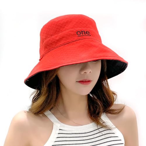 Summer Bucket hat, Double-Side-wear Sun hat, Foldable Beach Fishing Cap, Outdoor Vacation Sun hat, one Size - color: Red