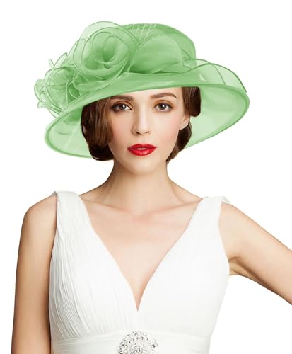 Women's Kentucky Derby Church Dress Hat Wide Brim Leaf Flower Bridal Shower Hat - color: A11-mint Green