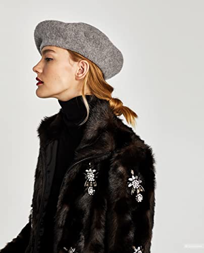 Women French Wool Beret Hats - Solid Color Classic Beanie Winter Cap - color: Light Gray