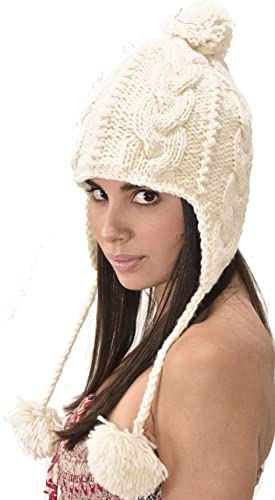 Hand Knit Cable 100% Merino Wool Ear Flap Snowboard Ski Chullo Peruvian Style Nepal Himalayan Sherpa Earflap Fleece Lined Winter Beanie Hat White