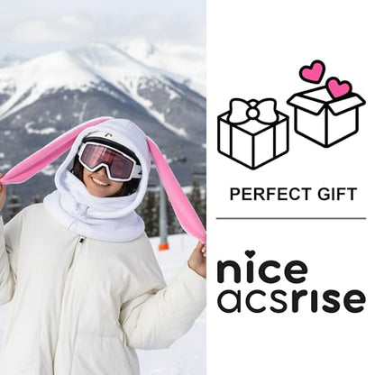 Fleece Balaclava Over Helmet - Warm Helmet Ninja Hood - Snowboard Hooded Hat Neck Gaiter Ski Mask - color: White&pink|bunny, size: One Size