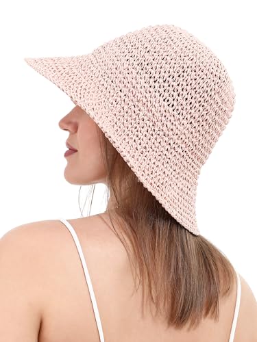 Womens Sun Hat Handmade Crochet Straw Bucket for Summer Foldable Travel Cap - color: Pink