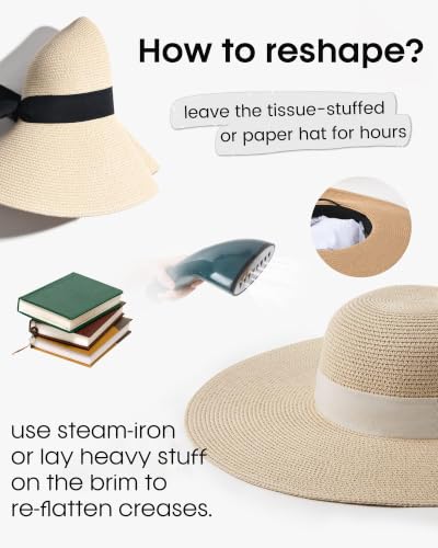 FURTALK Womens Sun Straw Hat Wide Brim Floppy Summer Beach Hats for Women - color: Beige With Beige Band, size: Large-X-Large