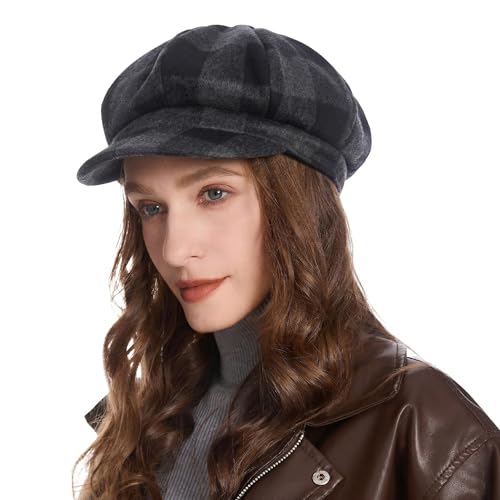 ZLYC Women Classic Newsboy Cap Visor 8 Panel Gatsby Cabbie Paperboy Hat - color: Plaid Dark Gray