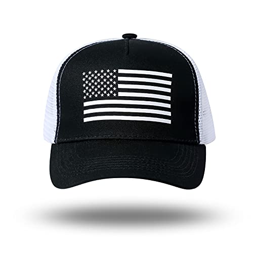 American Flag Trucker Hat - Snapback Hat, Baseball Cap for Men Women - Breathable Mesh Side, Adjustable Fit - for Casual Wear - color: Black/White