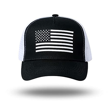 American Flag Trucker Hat - Snapback Hat, Baseball Cap for Men Women - Breathable Mesh Side, Adjustable Fit - for Casual Wear - color: Black/White