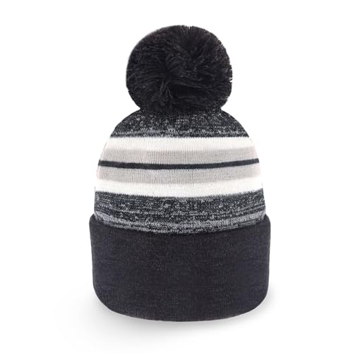 Pom Pom Beanie Cuffed Knit Winter Hat Skull Cap Striped Novelty Men Women - color: (Charcoal)