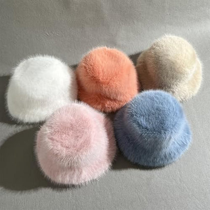 Women's Oversized Faux Fur Bucket Hat, Fluffy Plush Winter Hat, Solid Color - color: White