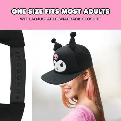Hello Kitty Baseball Cap, Women's Snapback Hat with Flat Brim and 3D Ribbon and Ears - style: Kuromi