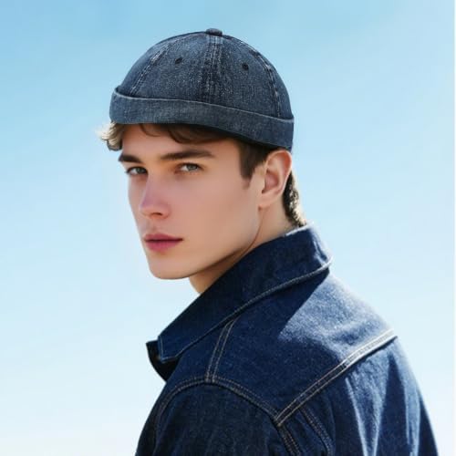 Brimless Hat for Men Women Docker Cap Vintage Sailor Beanie Cap - color: Navy Blue
