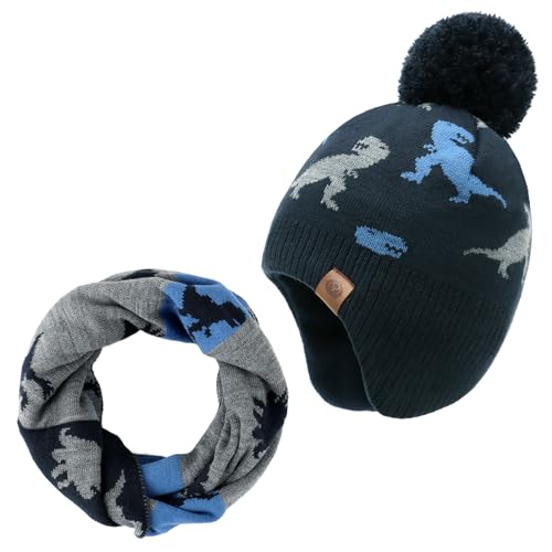 Duoyeree Kids Beanie Dinosaur Pom Pom Knit Winter Hat Fleece Lined for 1-7T - color: Dinosaur Hat and Scarf Set, Navy, size: 2-4T