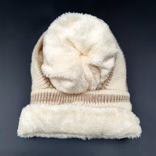 HUAMULAN Women Winter Knit Beanie Hats One Piece Fleece Lined Balaclavas - color: Beige + Khaki Stripe