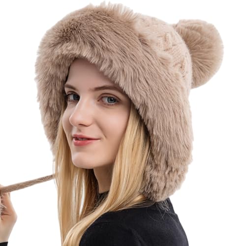 HUAMULAN Women Winter Sherpa Knit Beanie Hats Fleece Lined Ear Flaps - color: Khaki Solid
