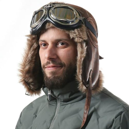 Harssidanzar Leather Outdoor Cycling Windproof Harley Goggles, Warm Pilot's hat,DU303 - color: Brown