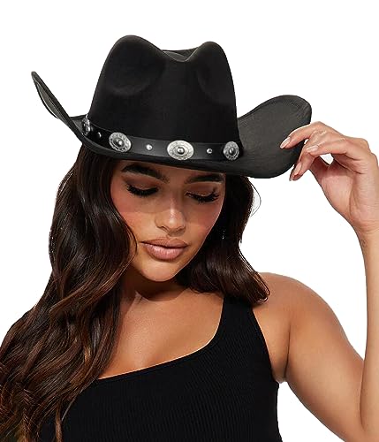 Womens Western Cowboy Hats Studded Pinched Cowgirl Hats Wide Brim Fedoras - color: Black