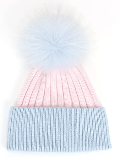Women's Winter Ribbed Cuffed Beanie Skull Cap with Genuine Raccoon Fur Pom - color: Pink Blue