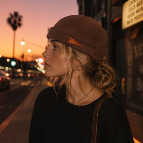 Retro Brimless Docker Cap Rolled Cuff Cotton Beanie Hat - color: Brown