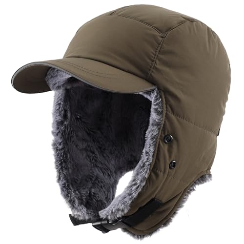 Connectyle Trapper Hat for Men Women Faux Fur Winter Hat with Ear Flaps Water-Resistant Hunting Hats Ushanka Skiing Cap - color: Army Green