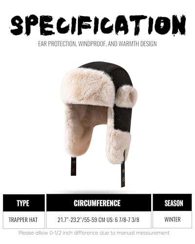 Croogo Cold Weather Eskimo Hats Trapper Hat Winter Thick Furry Ushanka Russian Hat Windproof Ski Trooper Hat with Ear Flap - color: Pl18-black