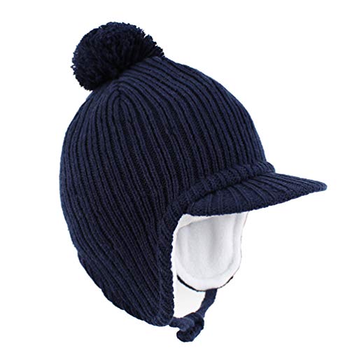 Toddler Fleece Beanie Winter Hat with Ear Flaps Baby Knit Hat with Visor - color: Navy, size: 1-2T