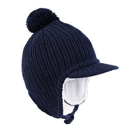 Toddler Fleece Beanie Winter Hat with Ear Flaps Baby Knit Hat with Visor - color: Navy, size: 1-2T