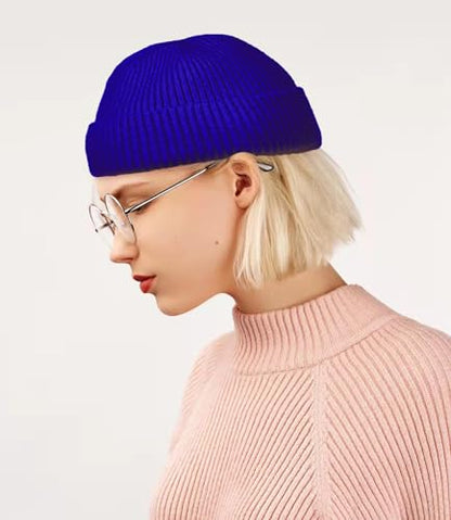 ROYBENS Swag Wool Knit Cuff Short Fisherman Beanie for Men Women Winter Hat - color: 1pcs-blue-thick Double Layer
