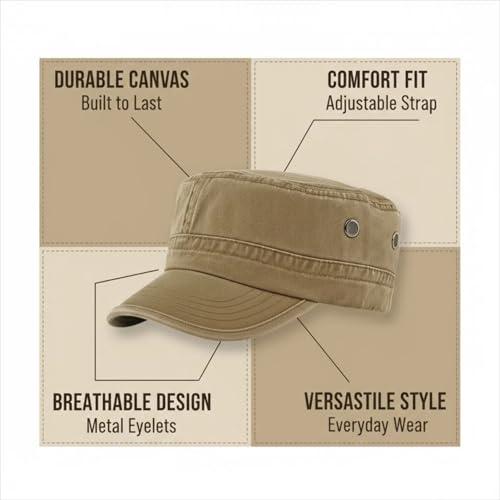 Army Cadet Cap for Men Women Military Flat Top Cap Adjustable Cotton Basic Baseball Cap - color: Dark Khaki
