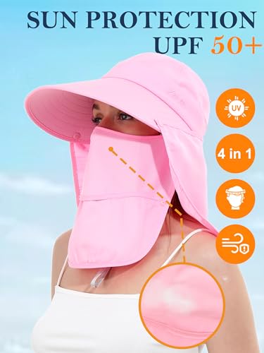 LA CARRIE Women Sun Hats Detachable Wide Brim UV UPF 50+ Face Mask Visor with Neck Flap Hat for Summer Beach - color: Pink