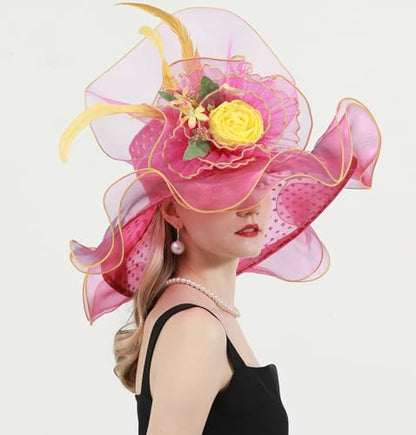 Women Derby Church Hat Organza Flower Wedding Tea Party Fascinator Wide Brim Sun Hat - color: 14-rose Red