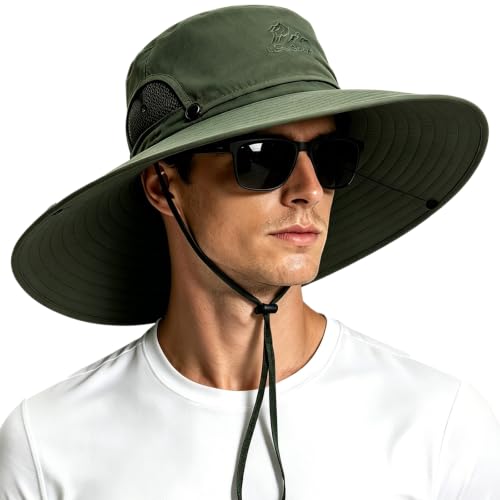 Mens Sun Hat Wide Brim Sun Hats for Men UV Protection Waterproof Bucket Hat - color: Army-green