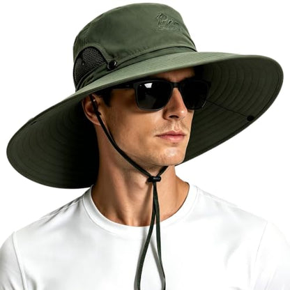 Mens Sun Hat Wide Brim Sun Hats for Men UV Protection Waterproof Bucket Hat - color: Army-green