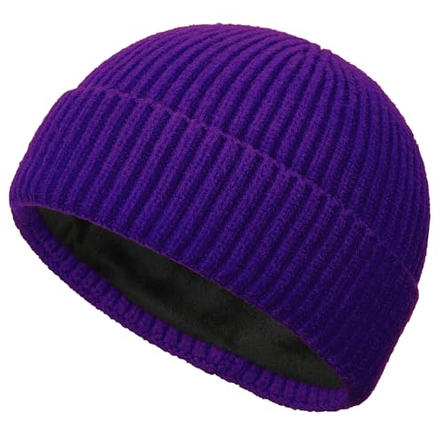 Short Wool Fisherman Beanie for Men Women Fleece Lined Winter Hat - color: 1pcs Dark Purple