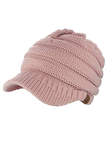 C.C Warm & Thick Cable Knitted Brim Visor Beanie Cap - color: Indi Pink