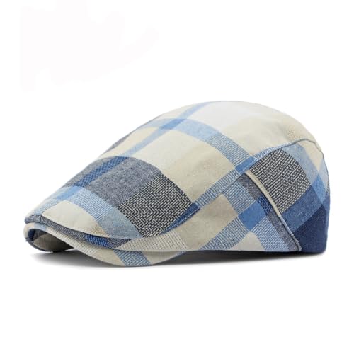 Men's Plaid Striped Newsboy Ivy Flat Driving Golf Cap - color: Orangeblue