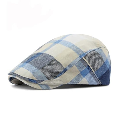 Men's Plaid Striped Newsboy Ivy Flat Driving Golf Cap - color: Orangeblue
