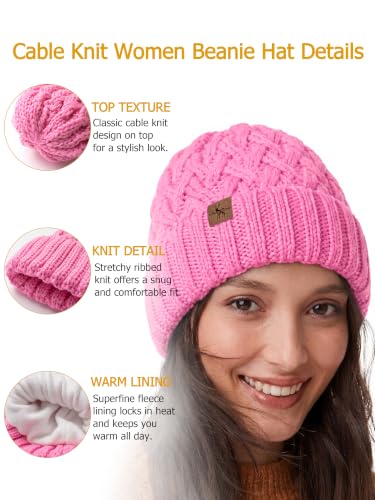 Winter Hats for Women Cable Knit Chunky Skull Cap Fleece Lined Thick Fold Cuff Beanie hat - color: Pink, style: Pineapple