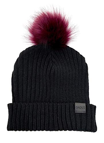 Women's Slouchy Winter Beanie Hat with Removable Faux Fur Pom - color: Black/Berry Pom