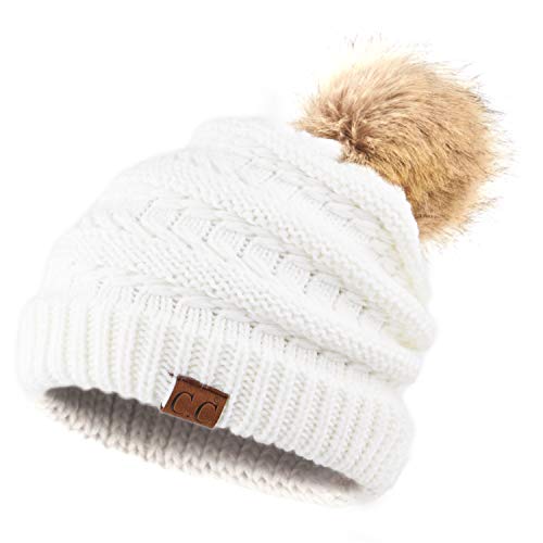C.C Hatsandscarf Exclusives Unisex Solid Ribbed Beanie with Pom (HAT-43) - color: A Ivory-tilted Stitch