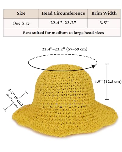 Womens Crochet Straw Sun Hat Foldable Floppy Wide Brim Beach Hat for Summer - color: Yellow